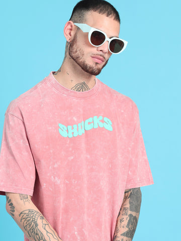 Shucks: Pink Typography puff Print Acid Wash Oversized Tshirt