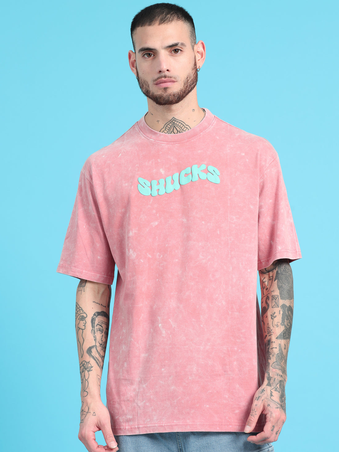 Shucks: Pink Typography puff Print Acid Wash Oversized Tshirt
