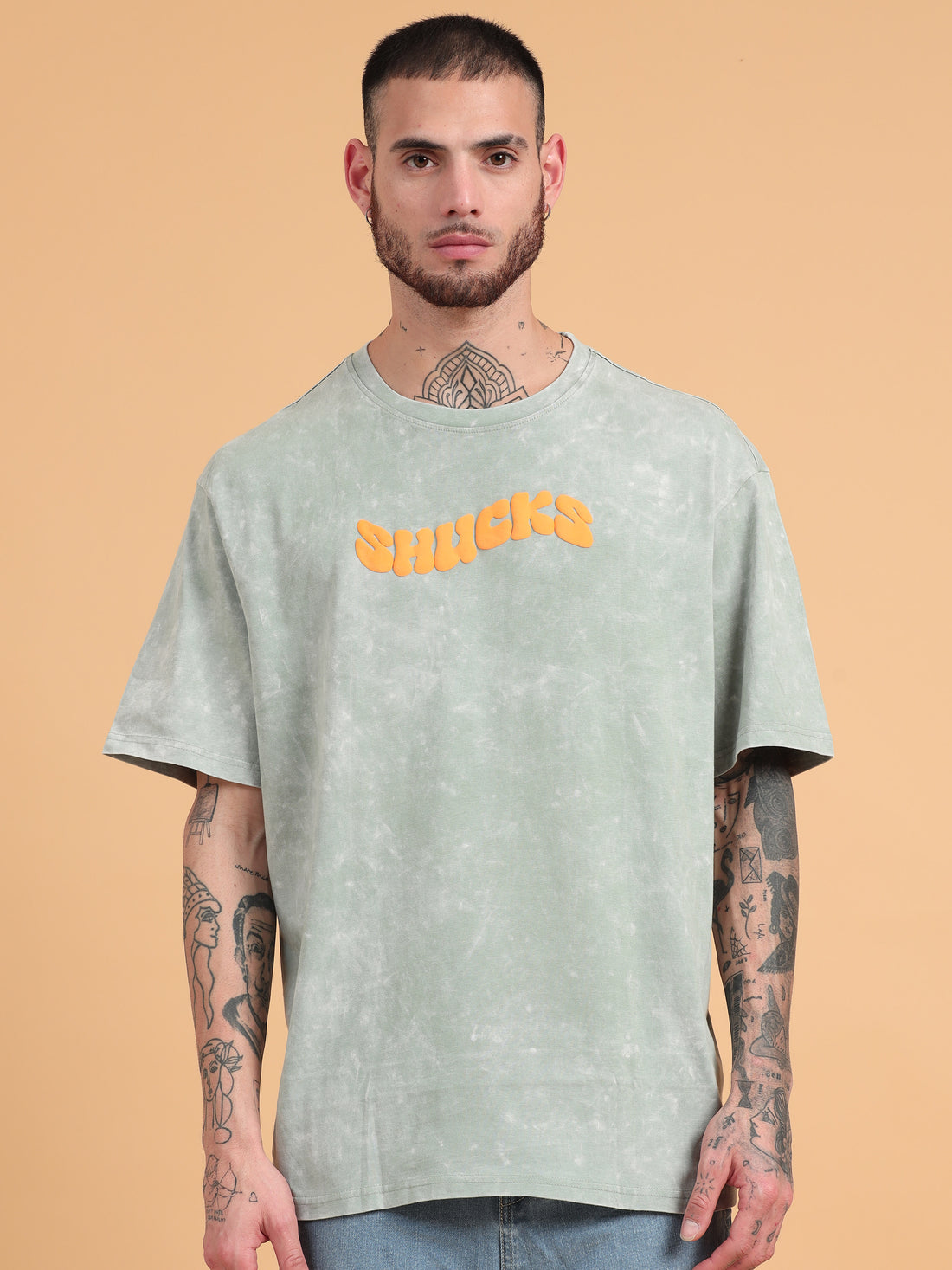 Shucks: Sage Typography puff Print Acid Wash Oversized Tshirt