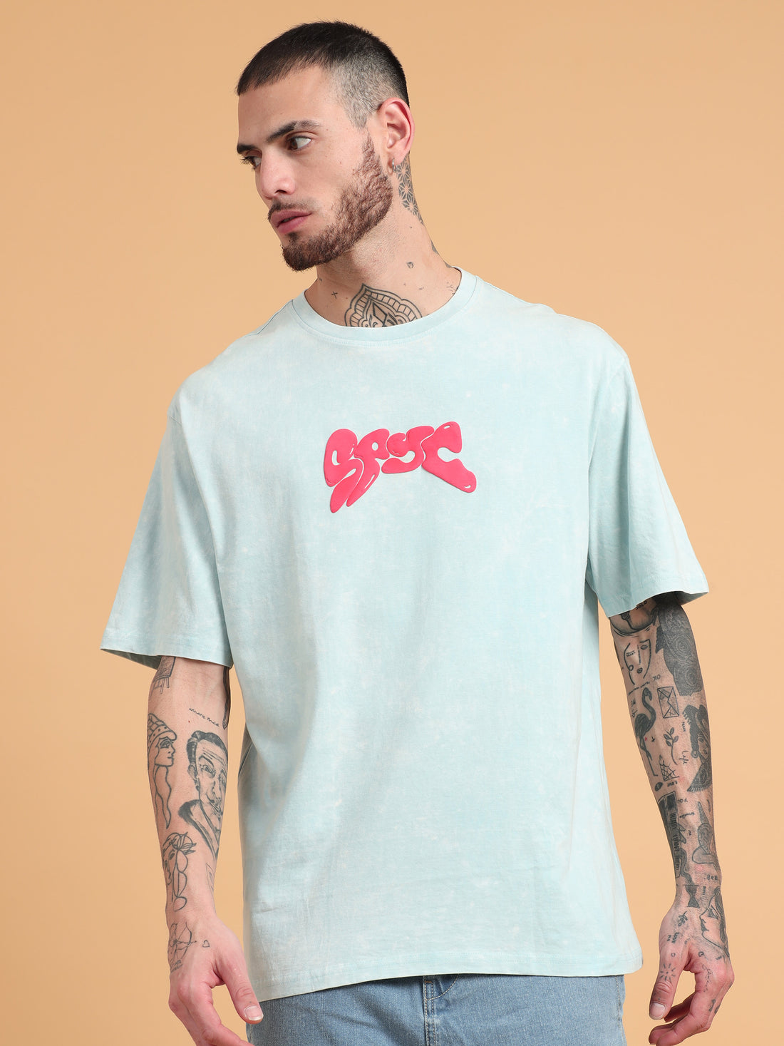 Spyc: Aqua Typography puff Print Acid Wash Oversized Tshirt