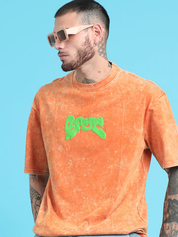 Spyc: Orange Typography puff Print Acid Wash Oversized Tshirt
