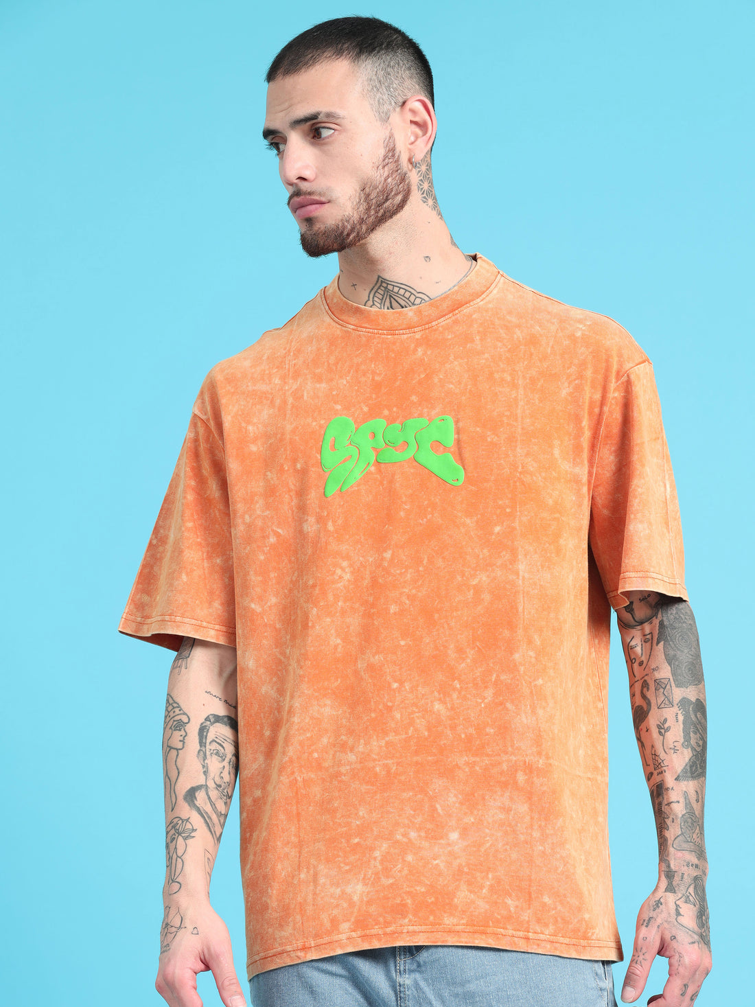 Spyc: Orange Typography puff Print Acid Wash Oversized Tshirt