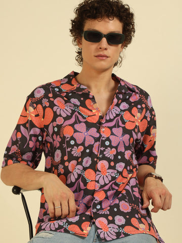 Black Floral Print Oversized Fit Shirt