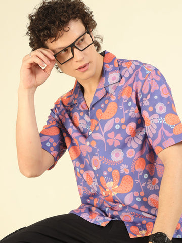 Purple Floral Print Oversized Fit Shirt