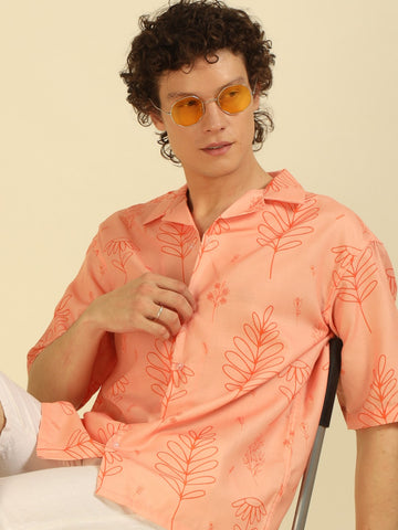 Orange Floral Print Oversized Fit Shirt