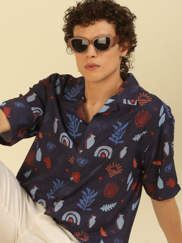 Navy Floral Print Oversized Fit Shirt
