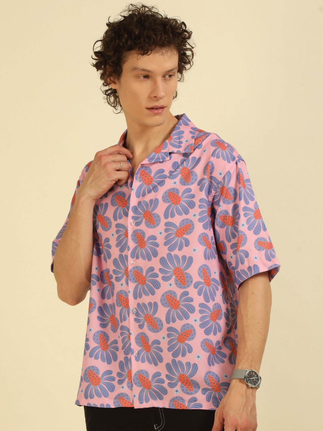 Lilac Floral Print Oversized Fit Shirt