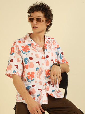 White Floral Print Oversized Fit Shirt