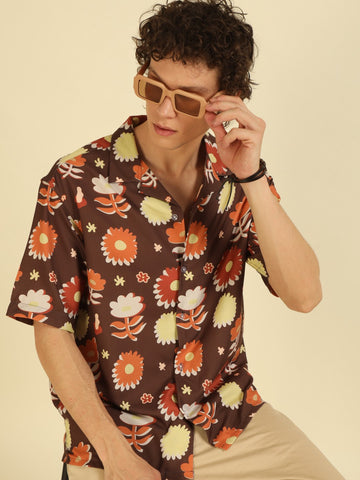 Brown  Floral Print Oversized Fit Shirt