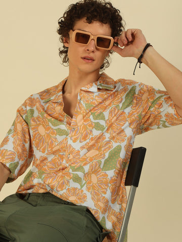 Brown  Floral Print Oversized Fit Shirt