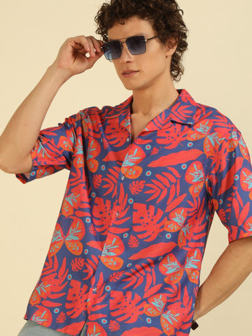 Red  Floral Print Oversized Fit Shirt