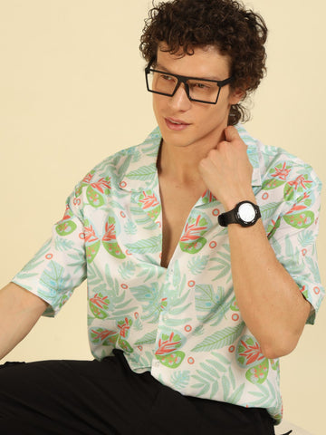 White Floral Print Oversized Fit Shirt