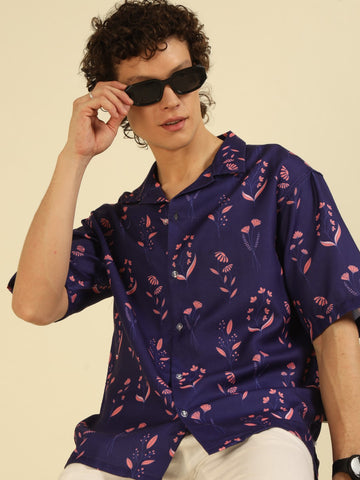 Navy Floral Print Oversized Fit Shirt