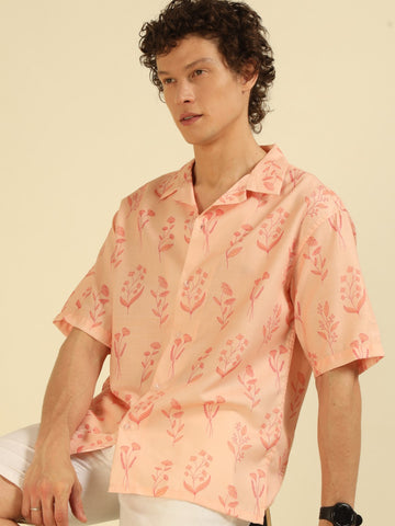 Peach Floral Print Oversized Fit Shirt