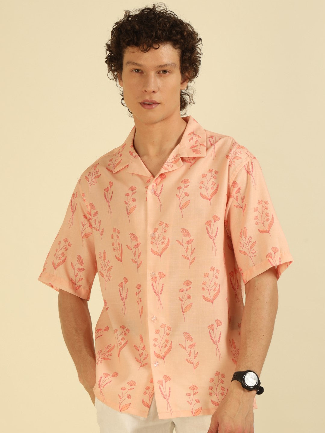 Peach Floral Print Oversized Fit Shirt