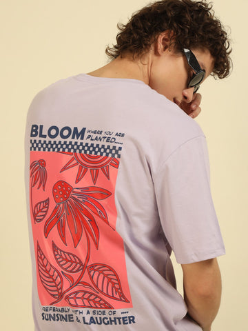 Lilac Typography Print Oversized Half-sleeve Tshirt