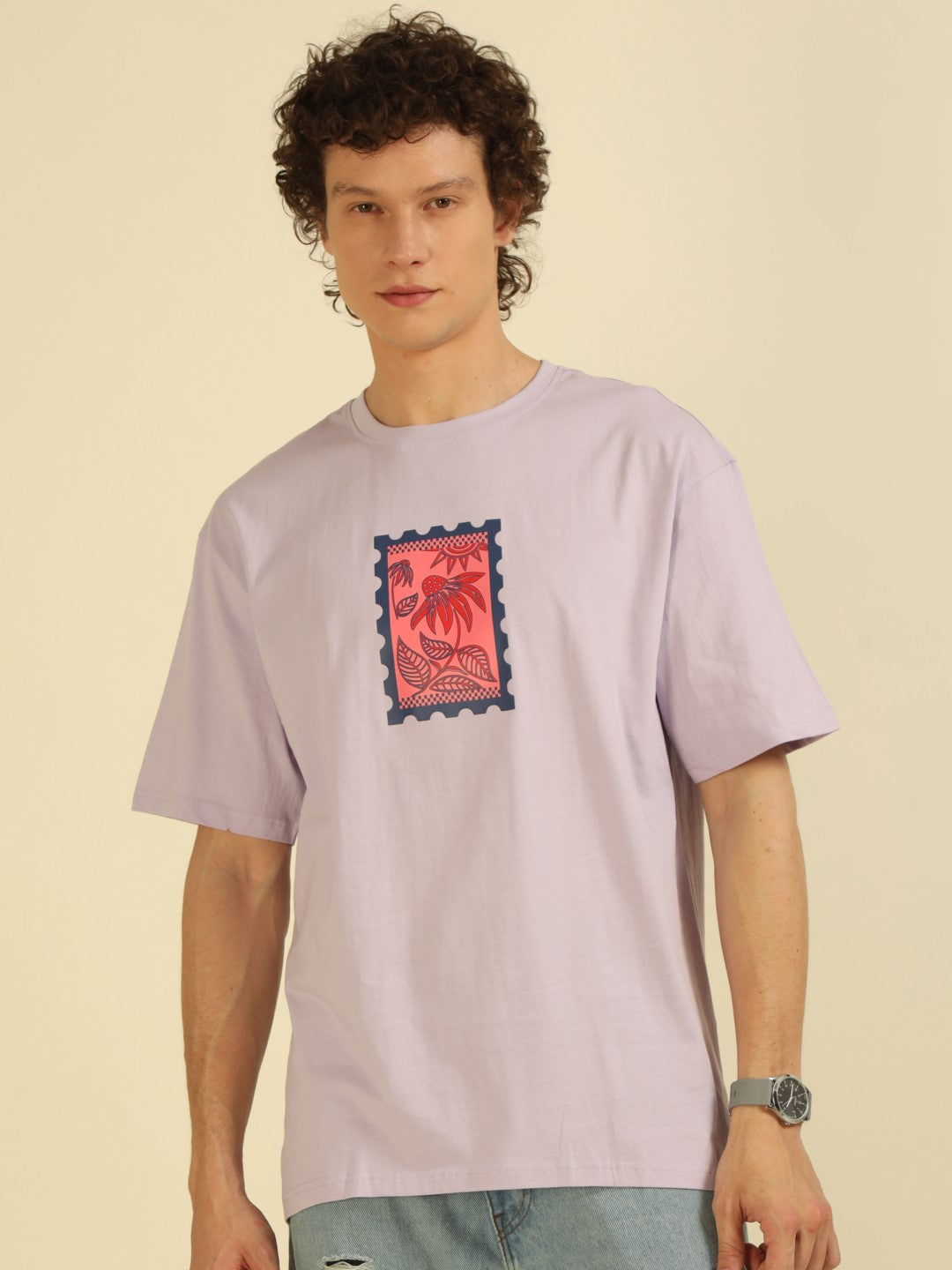 Lilac Typography Print Oversized Half-sleeve Tshirt