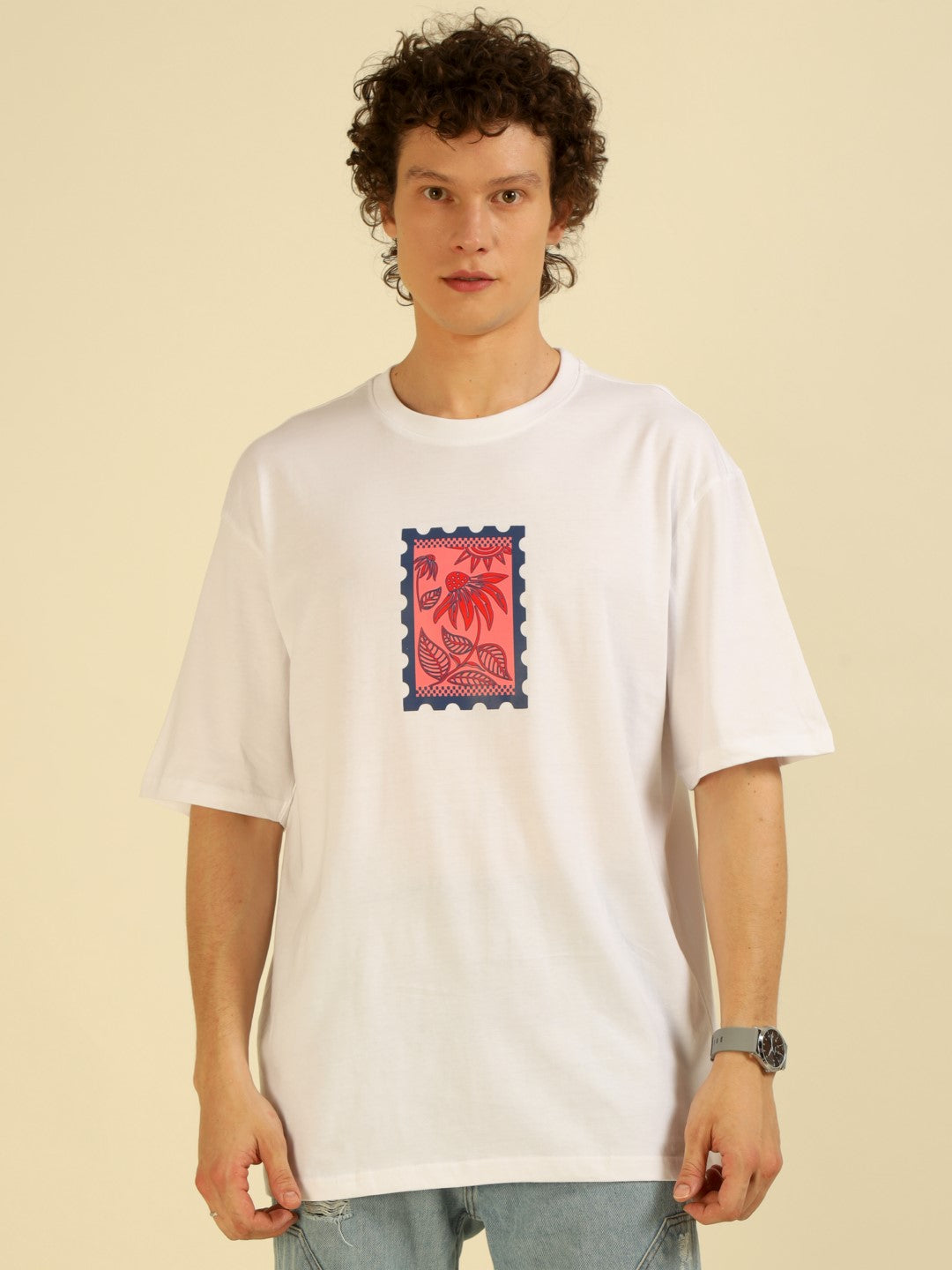 White Typography Print Oversized Half-sleeve Tshirt