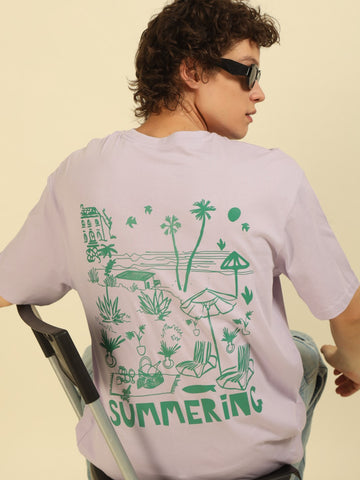 Lilac Typography Print Oversized Half-sleeve Tshirt