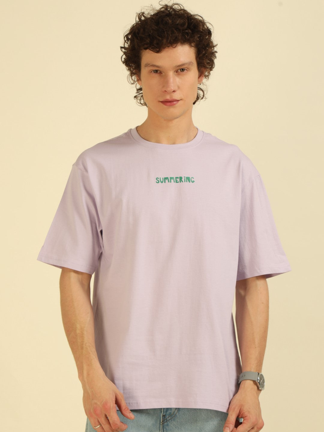 Lilac Typography Print Oversized Half-sleeve Tshirt
