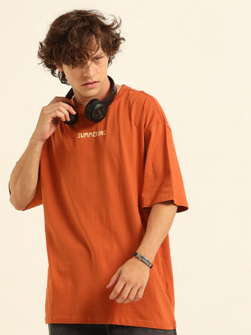 Rust Typography Print Oversized Half-sleeve Tshirt