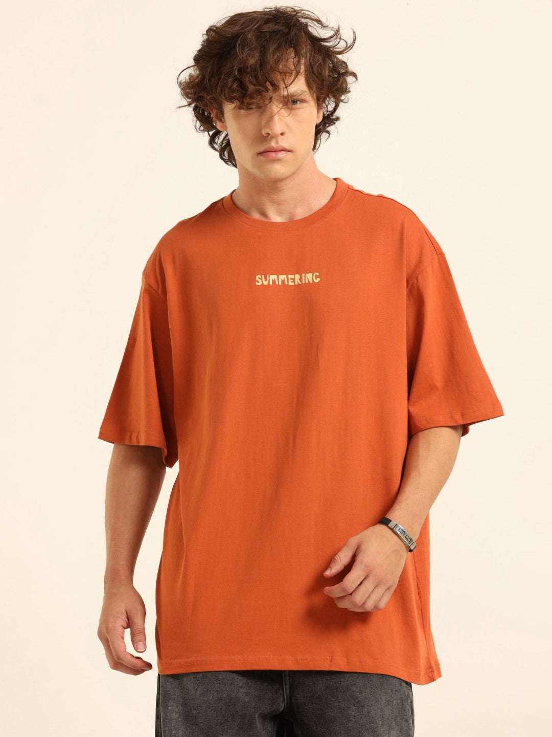 Rust Typography Print Oversized Half-sleeve Tshirt
