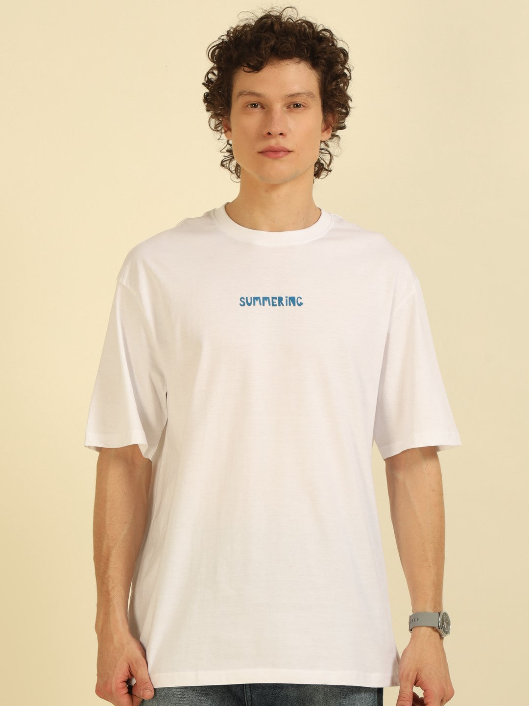 White Typography Print Oversized Half-sleeve Tshirt