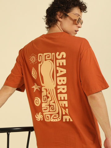 Rust Typography Print Oversized Half-sleeve Tshirt