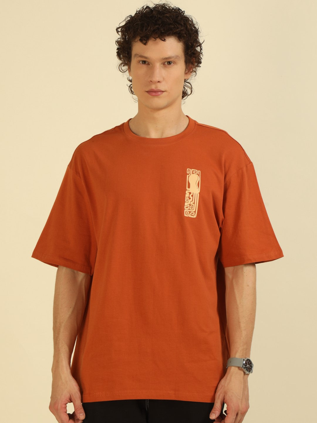 Rust Typography Print Oversized Half-sleeve Tshirt