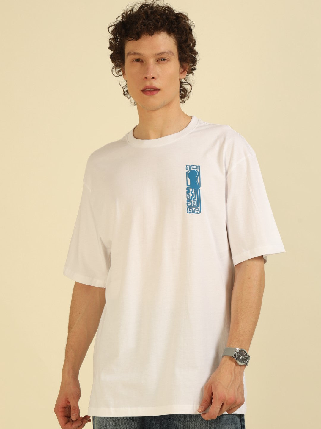 White Typography Print Oversized Half-sleeve Tshirt