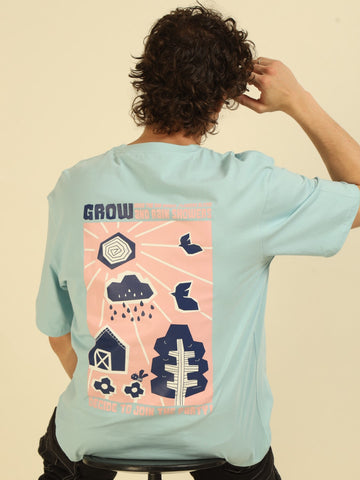 Aqua Typography Print Oversized Half-sleeve Tshirt