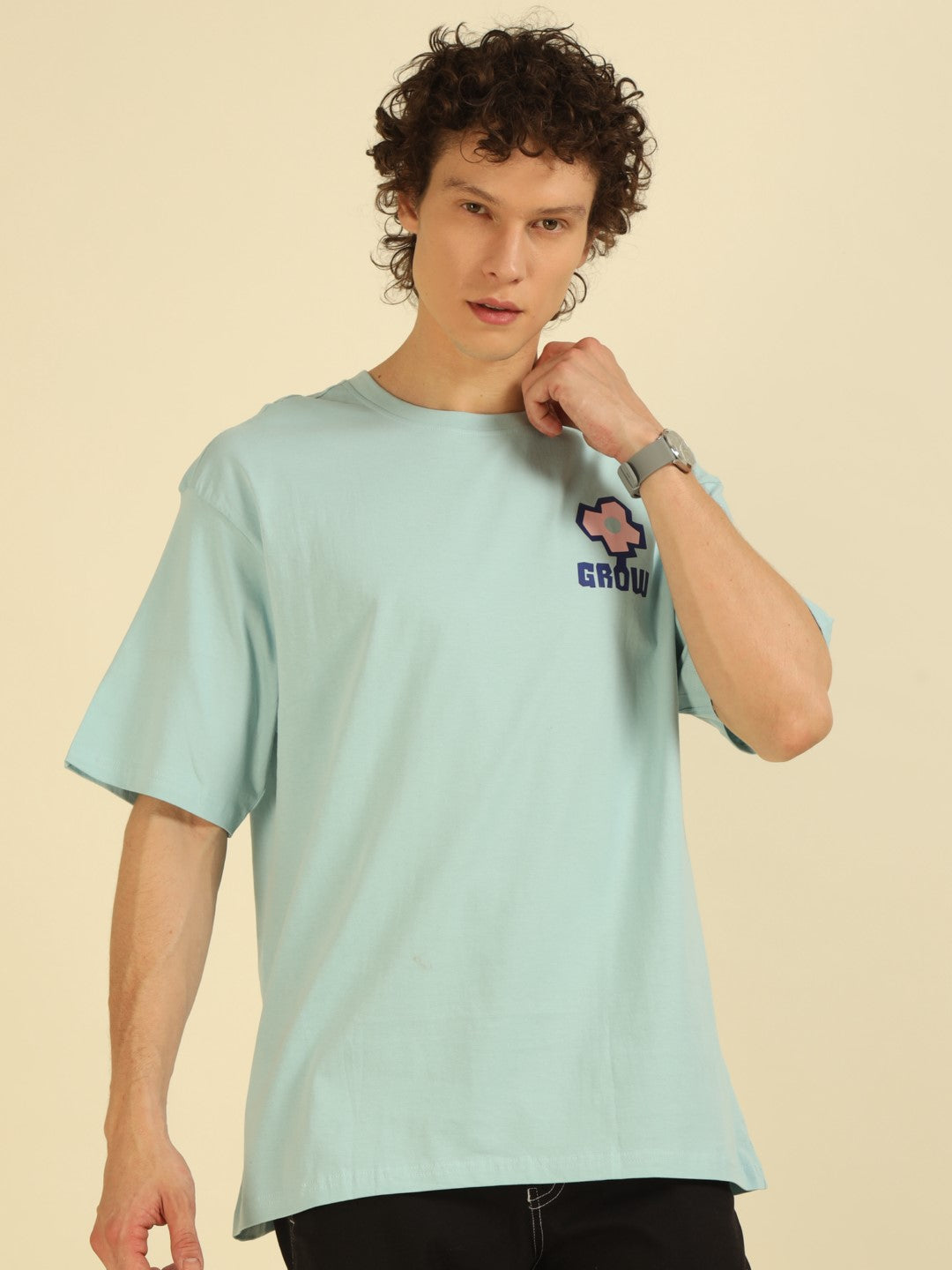 Aqua Typography Print Oversized Half-sleeve Tshirt