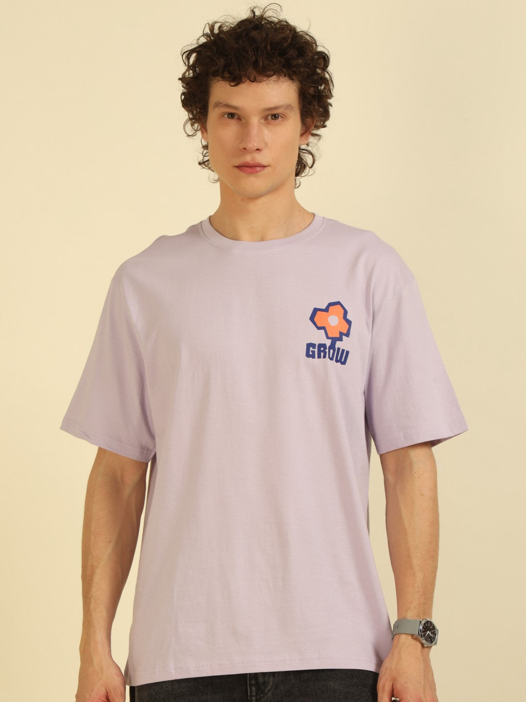 Lilac Typography Print Oversized Half-sleeve Tshirt