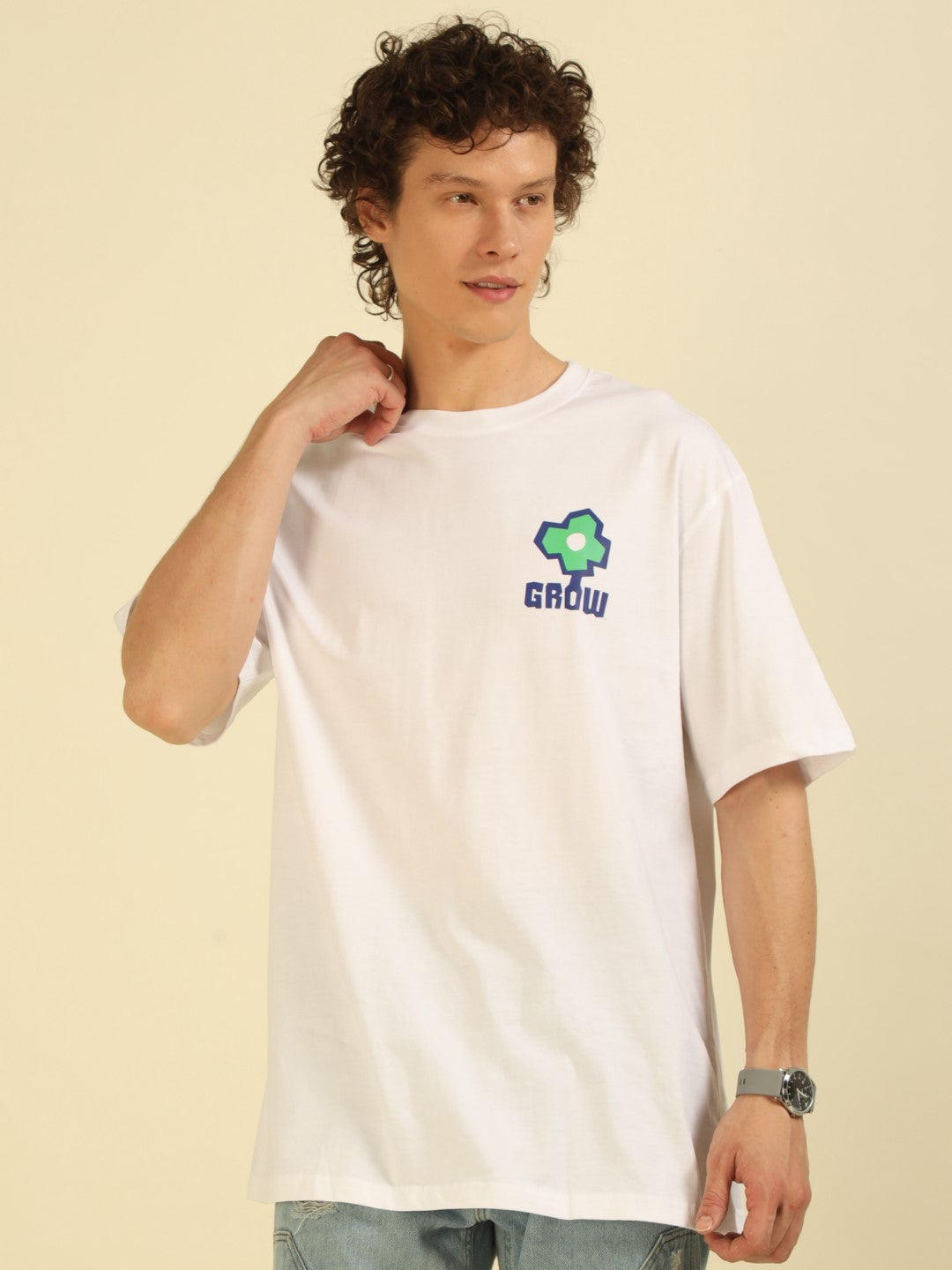 White Typography Print Oversized Half-sleeve Tshirt