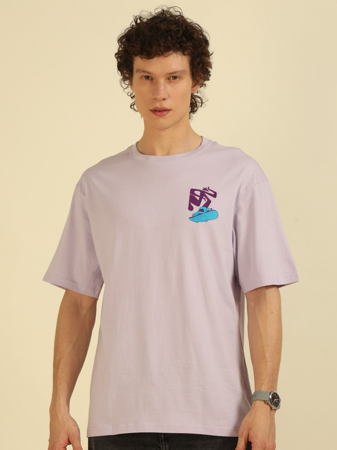Lilac Typography Print Oversized Half-sleeve Tshirt