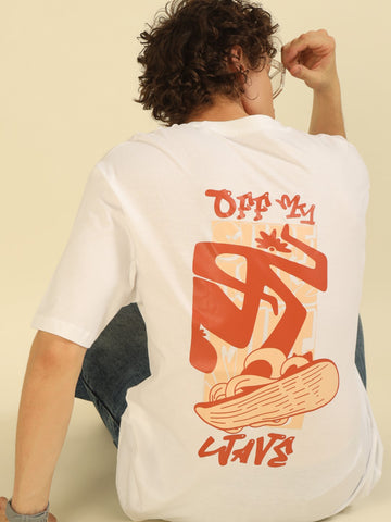 White Typography Print Oversized Half-sleeve Tshirt