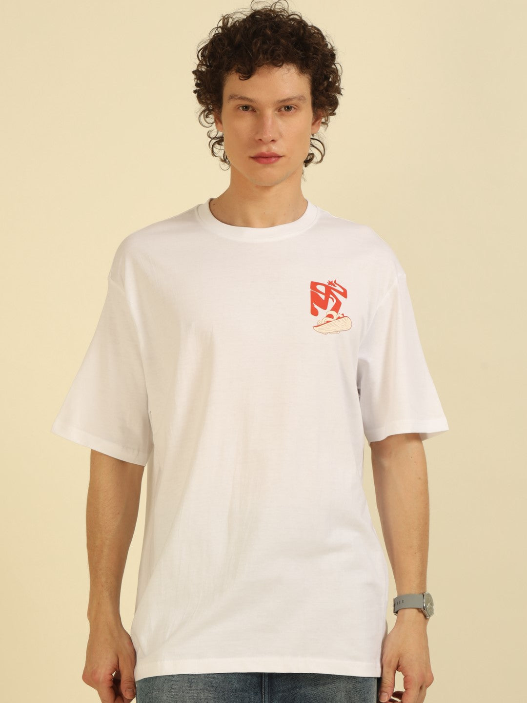 White Typography Print Oversized Half-sleeve Tshirt