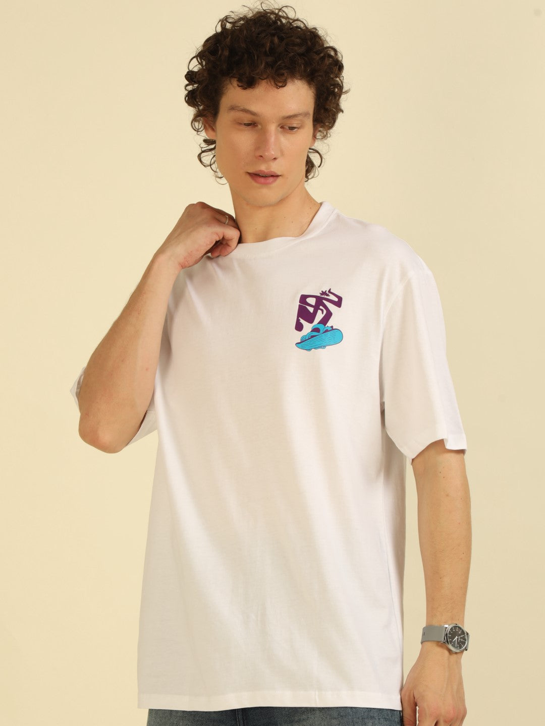 White Typography Print Oversized Half-sleeve Tshirt