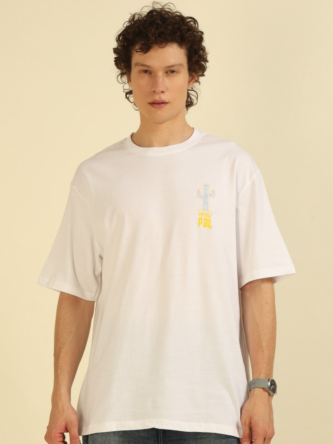 White Typography Print Oversized Half-sleeve Tshirt