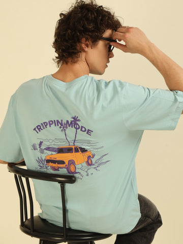 Aqua Typography Print Oversized Half-sleeve Tshirt
