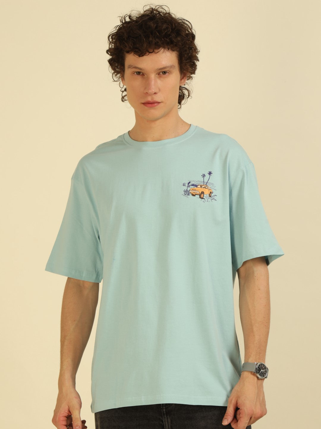 Aqua Typography Print Oversized Half-sleeve Tshirt