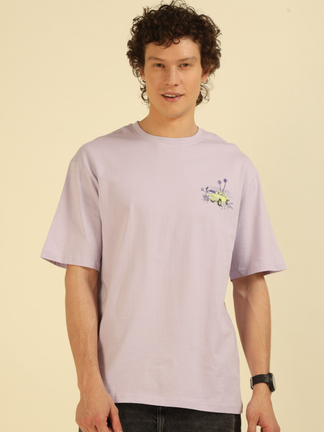 Lilac Typography Print Oversized Half-sleeve Tshirt